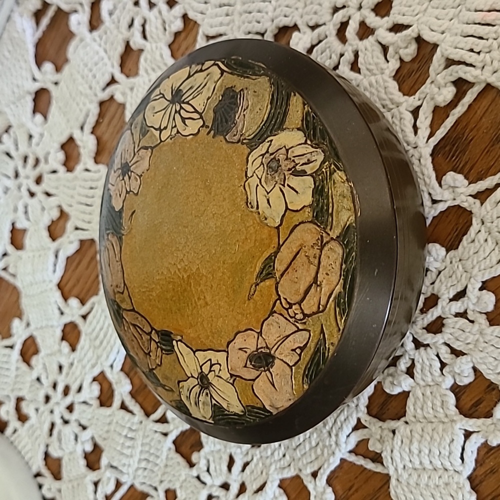 Vintage Cloisonne Trinket Box Brass Floral Jewelry India Bohemian